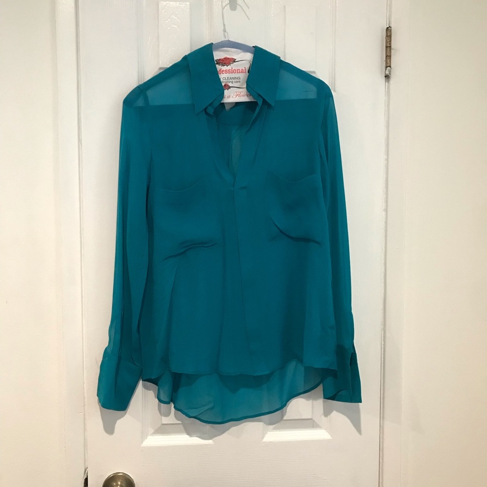 Green bcbg see through button down shirt.